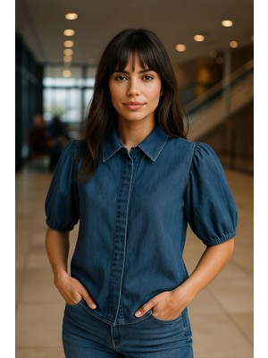Kadın Balon Kollu %100 Pamuk Mavi Jean Gömlek