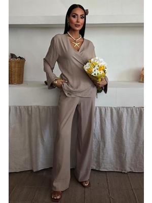 Kruvaze Model Klasik Pantolonlu Çupra Keten Takım 10191