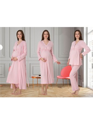 Dvina Effortt Lohusa 4'lü Set - Sabahlık/pijama Takımı/gecelik Pembe - 4056