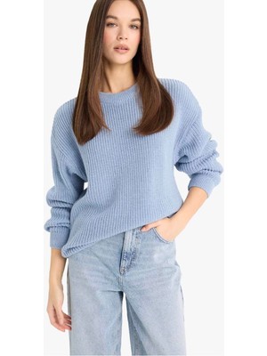 Defacto Regular Fit Selanik Kumaş Basic Düz Triko Mavi Kadın Kazak H6905AZ/BE697