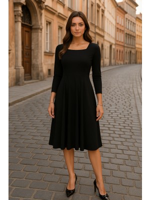 Kadın Kare Yaka Truvakar  Kol Fırsat Ürün Midi Boy Elbise