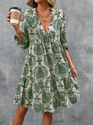 Kadın Uzun Kollu V Yakalı Fırfırlı Mini Süprem Elbise