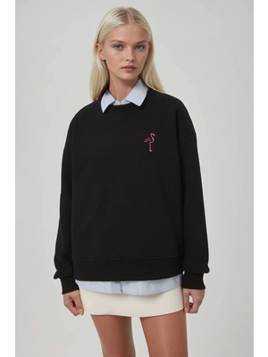 Hiccup Kadın Rahat Hayvan Nakışlı Şardonlu Bisiklet Yaka Hoodie Siyah