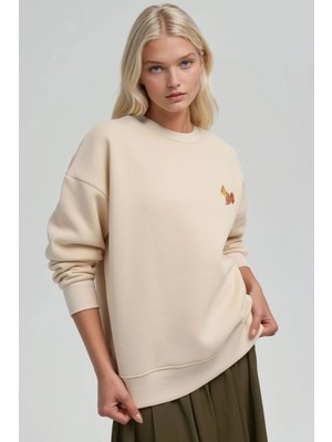 Hiccup Kadınlar Rahat Hayvan Nakışlı Şardonlu Bisiklet Yaka Hoodie Krem Doğal