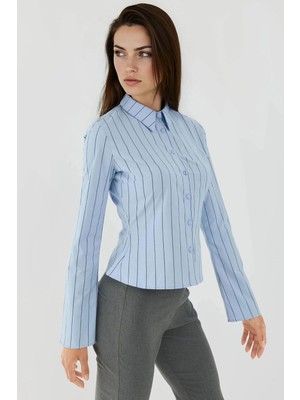 Hiccup Kadın Düğme Detaylı Bele Oturan Çizgili Gömlek Bebek Mavisi