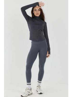 Hiccup Kadın Dar Kesim Örme Dik Yaka Fermuarlı Aktif Üst Kömür Grisi