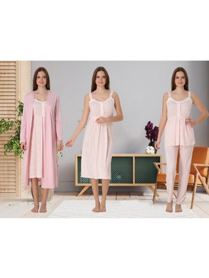 Dvina Effortt Çizgili Lohusa 4'lü Set - Sabahlık/pijama Takımı/gecelik Pembe - 4096