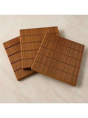 Ahşap Masaüstü Kare Nihale Tencere Tava Çaydanlık Altlığı Seti 3 Adet Ceviz