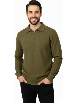 Oppland Erkek Kışlık Kazak Pamuklu Dokuma Yarım Fermuarlı Polo Yaka Uzun Kollu Düz Renk Rahat Kesim
