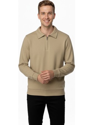 Oppland Erkek Kışlık Kazak Pamuklu Dokuma Yarım Fermuarlı Polo Yaka Uzun Kollu Düz Renk Rahat Kesim