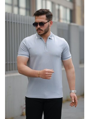 Erkek Fermuar Yakalı Çizgi Detaylı Kısa Kollu Tişört