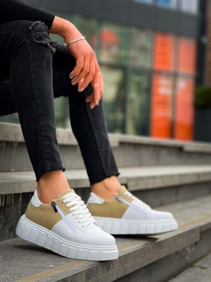 KB-X155 Kuback Beyaz Cilt Bej Süet Detaylı Beyaz Yüksek Taban Günlük Spor Ayakkabı