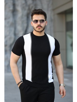 Erkek Viskon Kumaş Bisiklet Yaka Çizgi Desenli Tişört