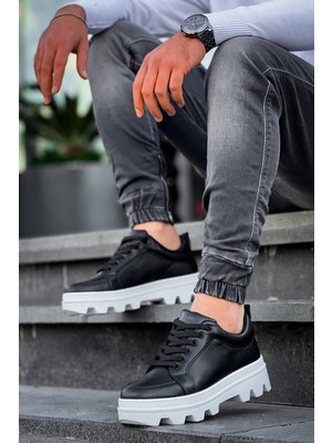 KB-056 Kuback Siyah Cilt Beyaz Yüksek Taban Günlük Spor Ayakkabı