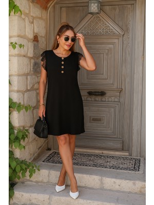 Edolika Kadın Kısa Dantel Kollu Önden Düğmeli Viskon Elbise