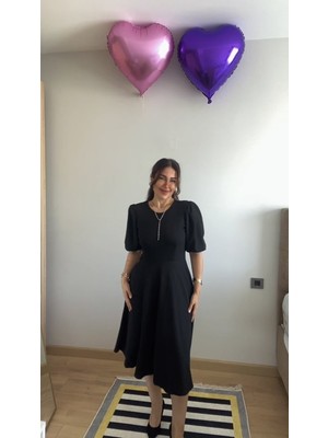 Edolika Kadın Kısa Balon Kollu Bisiklet Yaka Kiloş Janjan Krep Elbise