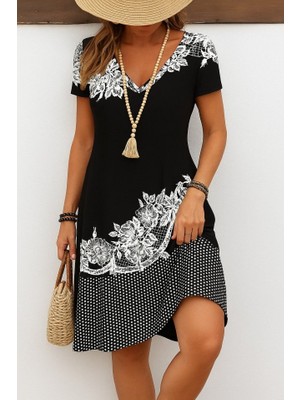 Edolika Kadın Kısa Kollu V Yakalı Çiçek Baskılı Süprem Elbise