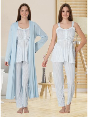 Dvina Effortt Lohusa Sabahlıklı Çizgili Pijama Takımı Mavi - 4094