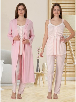 Dvina Effortt Lohusa Sabahlıklı Çizgili Pijama Takımı Pembe - 4094