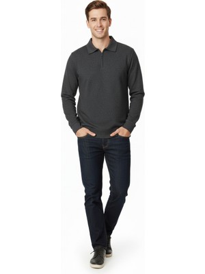 Oppland Erkek Kışlık Kazak Pamuklu Dokuma Yarım Fermuarlı Polo Yaka Uzun Kollu Düz Renk Rahat Kesim