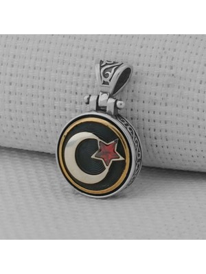 Ay Yıldız Ortası Dönen   925 Ayar Gümüş Erkek Kolye Ucu