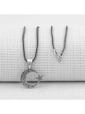 Ay Yıldız Tasarımlı  925 Ayar Gümüş Erkek Kolye