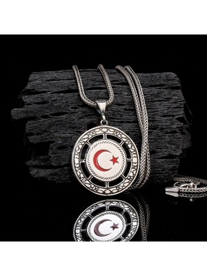 Ay Yıldız Mineli Taşlı 925 Ayar Gümüş Erkek Kolye