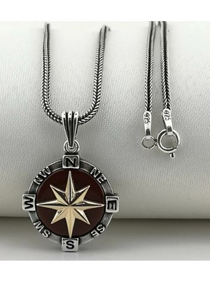 Kırmızı Pusula 925 Ayar Gümüş Erkek Kolye