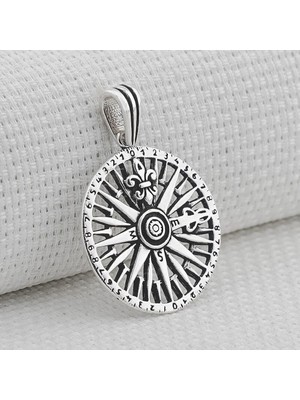 Acı Tasarımlı Pusula 925 Ayar Gümüş Erkek Kolye Ucu