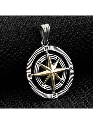 Çift Taraflı Pusula  925 Ayar Gümüş Erkek Kolye Ucu