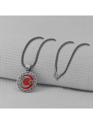 Gravur Işlemeli  Ay Yıldız 925 Ayar Gümüş Erkek Kolye