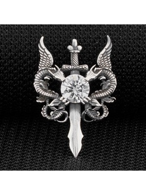 Ejderha Tasarımlı Zirkon Taşlı 925 Ayar Gümüş Erkek Kolye Ucu