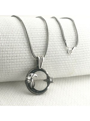 Kartal Başlı Ay Yıldız 925 Ayar Gümüş Erkek Kolye