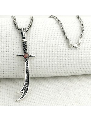 Kırmızı Taşlı Zulfikar 925 Ayar Gümüş Erkek Kolye