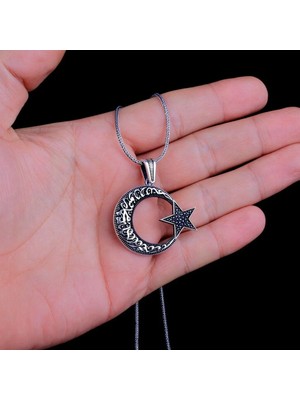 Kelimey I Tevhit Ay Yıldız 925 Ayar Gümüş  Erkek Kolye