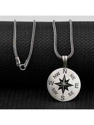 Pusula Tasarımlı 925 Ayar Gümüş Erkek Kolye