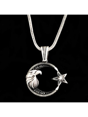 Ay Yıldız Kartal Başlı  925 Ayar Gümüş Erkek Kolye