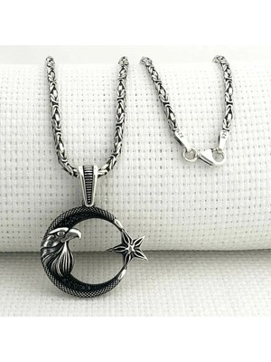 Kartal Başlı Ay Yıldız 925 Ayar Gümüş Erkek Kolye