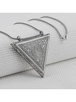Osmanlı Tuğralı Kalın Zincirliüçgen Muska Kabi Büyük Boy 925 Ayar Gümüş Erkek Kolye