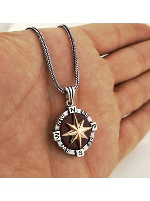 Kırmızı Pusula 925 Ayar Gümüş Erkek Kolye