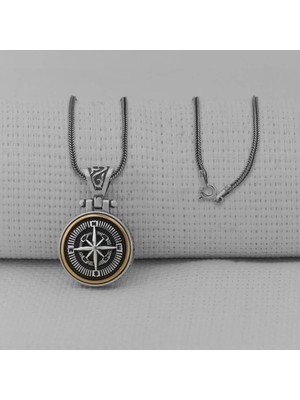 Pusula Tasarımlı Ortası Dönen 925 Ayar Gümüş Erkek Kolyesi