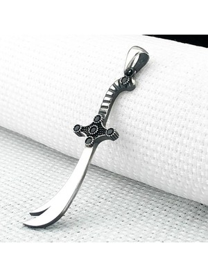 Siyah Taşlı Zulfikar 925 Ayar Gümüş Erkek Kolye Ucu