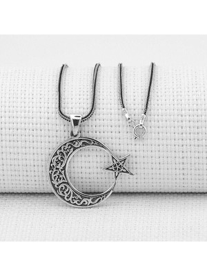 Ay Yıldız Tasarımlı  925 Ayar Gümüş Erkek Kolye