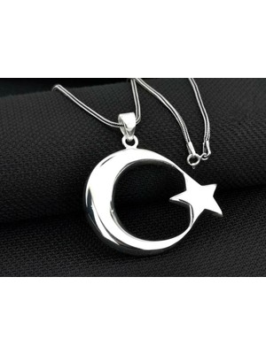 Ay Yıldız Büyük Boy 925 Ayar Gümüş Erkek Kolye