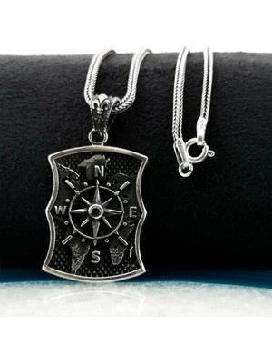 Özel Pusula Tasarımlı Atlas Zemin Detaylı Kalın Zincirli 925 Ayar Gümüş Erkek Kolye