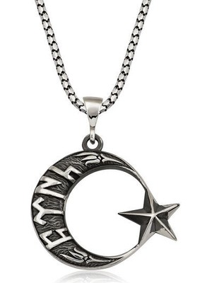 Ay Yıldız Göktürkçe Yazılı 925 Ayar Gümüş Erkek Kolye