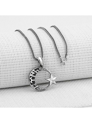 Göktürkce Türk Yazılı Ayyıldız 925 Ayar Gümüş Erkek Kolye