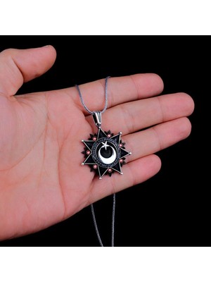 Zirkon Taşlı Ay Yıldız 925 Ayar Gümüş Erkek Kolye