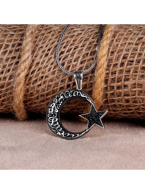 Ay Yıldız Kelimey I Tevhit Ay Yıldız 925 Ayar Gümüş  Erkek Kolye