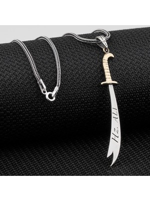 Türkçe ve Arapça Hz Ali Yazılı Zulfikar 925 Ayar Gümüş Erkek Kolye